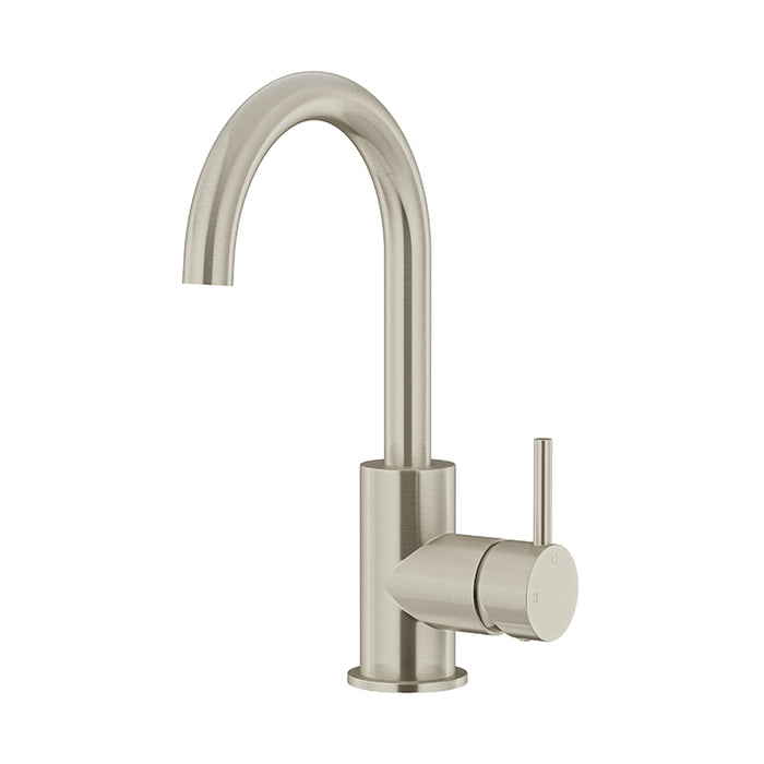 BRUSHED NICKEL ROUND GOOSENECK BASIN MIXER WITH COLD START