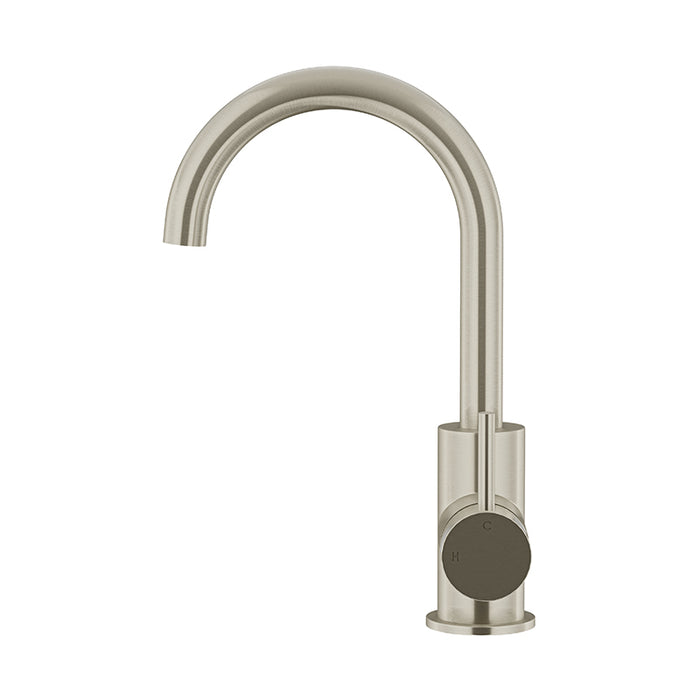 BRUSHED NICKEL ROUND GOOSENECK BASIN MIXER WITH COLD START