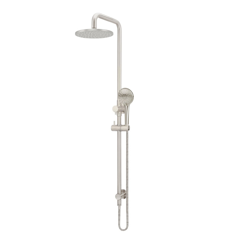 BRUSHED NICKEL ROUND COMBINATION SHOWER RAIL, 200MM ROSE, THREE FUNCTION HAND SHOWER