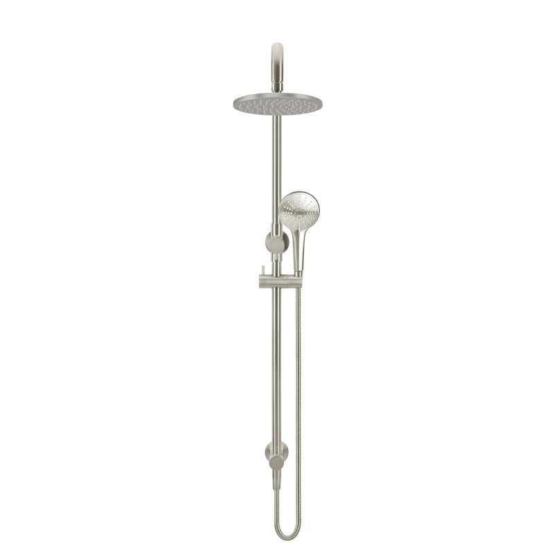 BRUSHED NICKEL ROUND COMBINATION SHOWER RAIL, 200MM ROSE, THREE FUNCTION HAND SHOWER