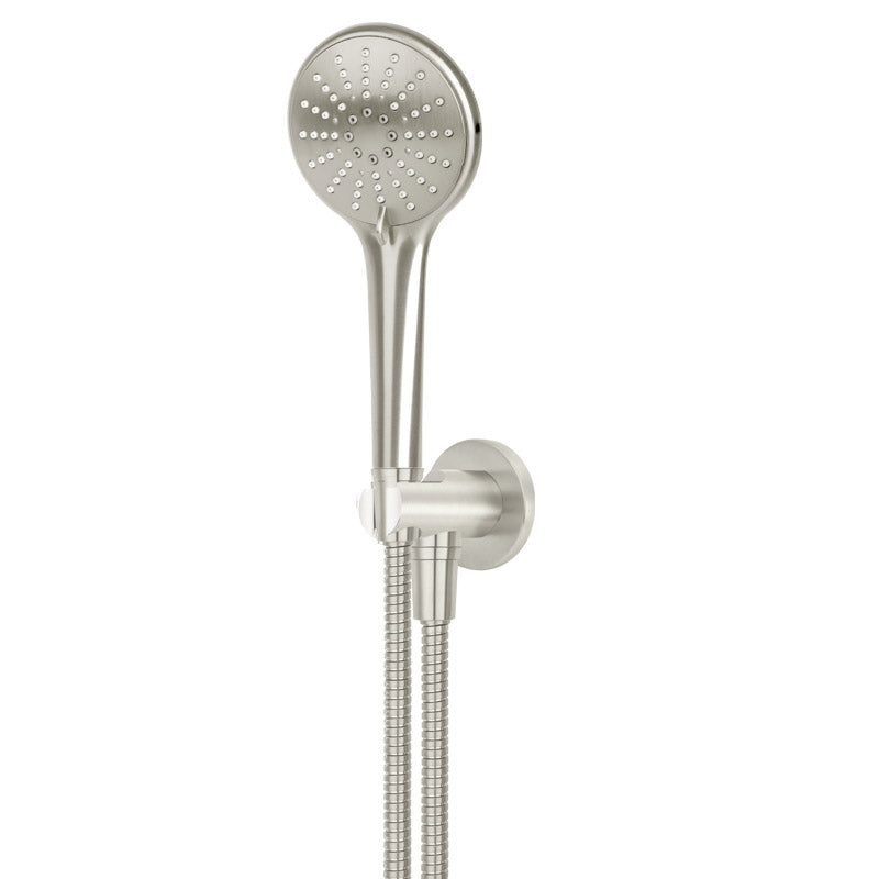 BRUSHED NICKEL ROUND THREE FUNCTION HAND SHOWER ON FIXED BRACKET
