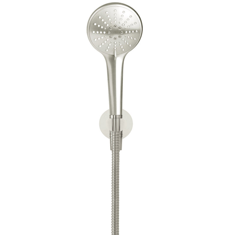 BRUSHED NICKEL ROUND THREE FUNCTION HAND SHOWER ON FIXED BRACKET