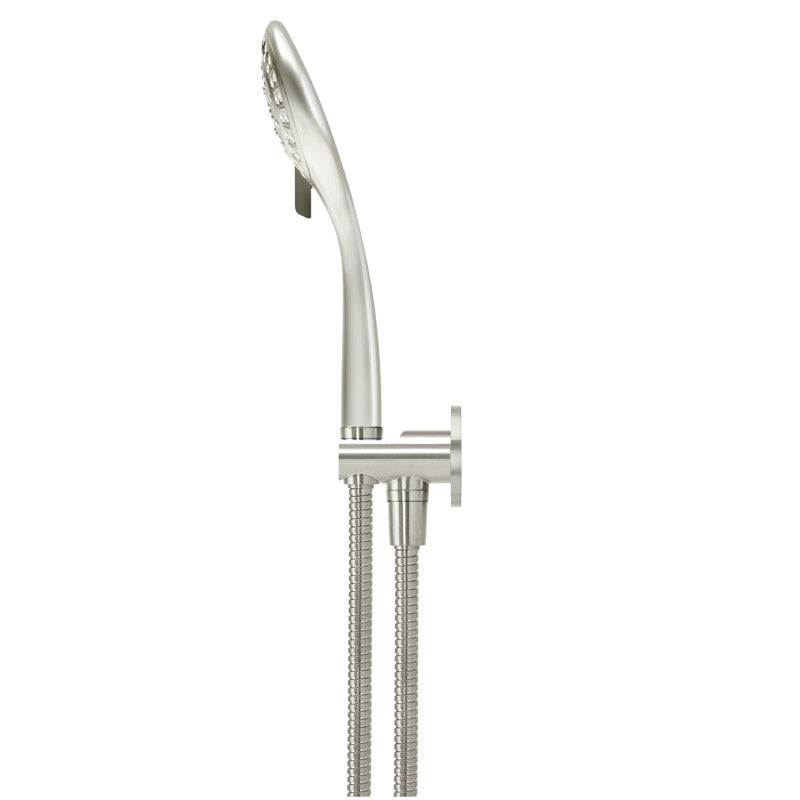 BRUSHED NICKEL ROUND THREE FUNCTION HAND SHOWER ON FIXED BRACKET