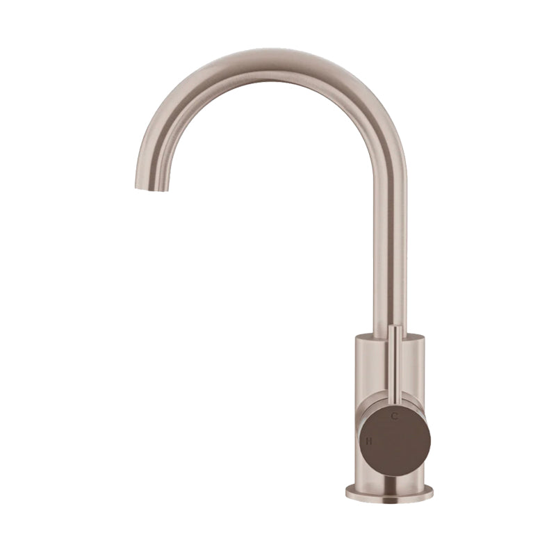 CHAMPAGNE ROUND GOOSENECK BASIN MIXER WITH COLD START