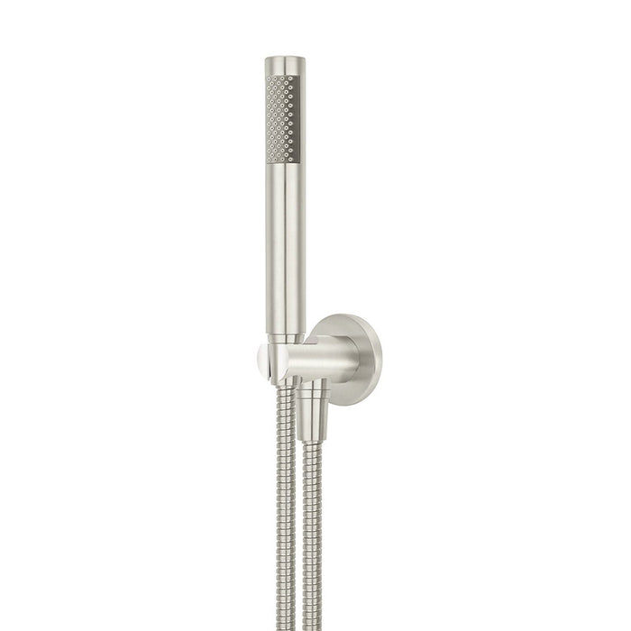 BRUSHED NICKEL ROUND HAND SHOWER ON FIXED BRACKET