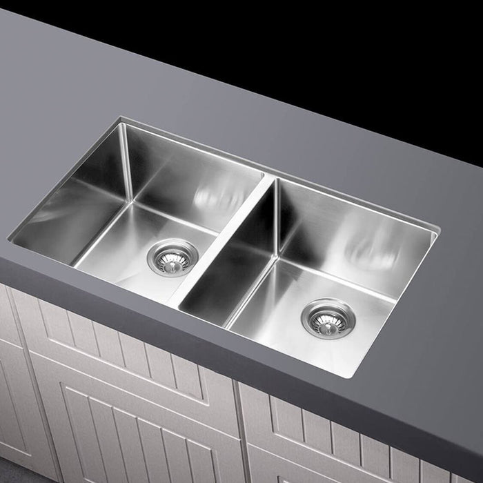 BRUSHED NICKEL KITCHEN SINK - DOUBLE BOWL 760 X 440 - BRUSHED